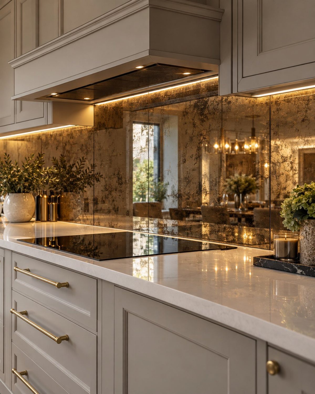 Antiqued mirrored backsplash reflecting a dining room behind a white marble kitchen countertop.