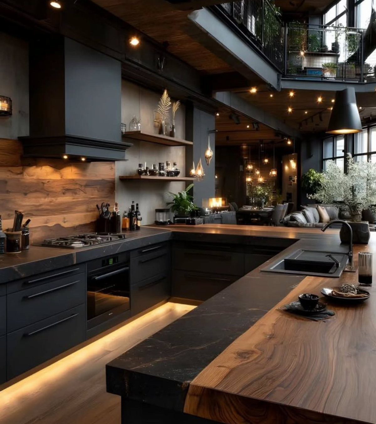 Modern dark kitchen with matte black cabinets, wooden countertops, and warm ambient lighting.