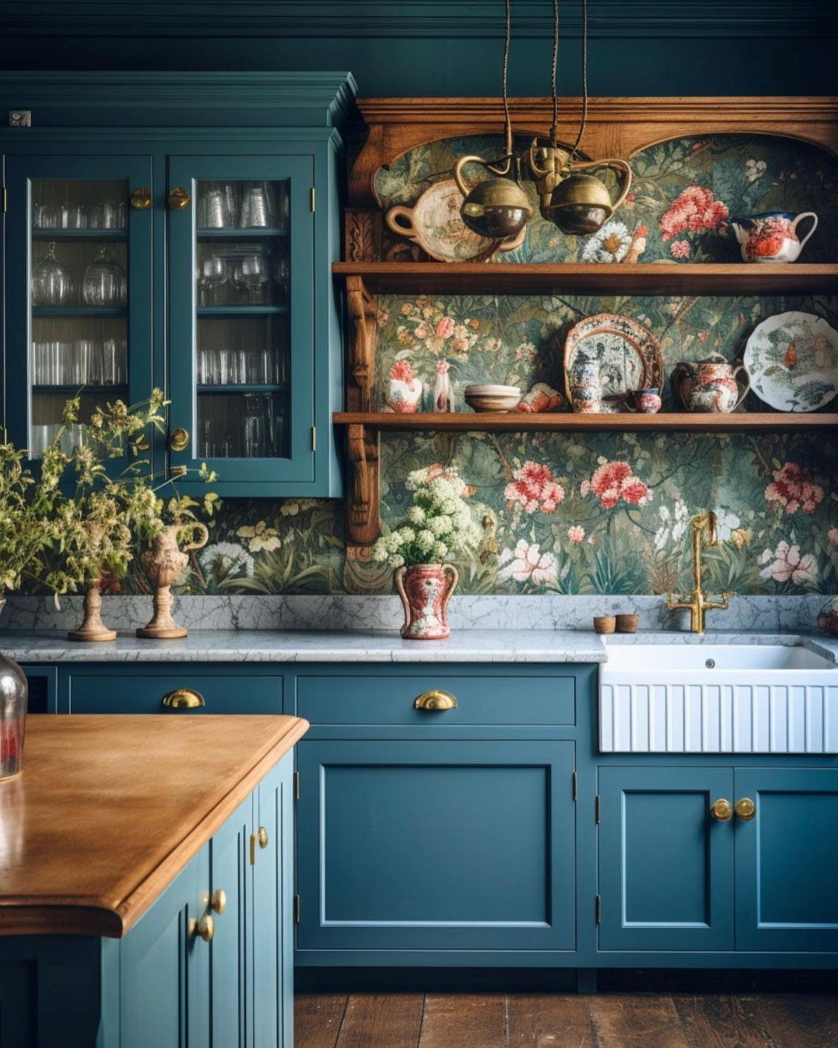Floral patterned wallpaper serves as a backsplash behind teal kitchen cabinets and wooden shelving.