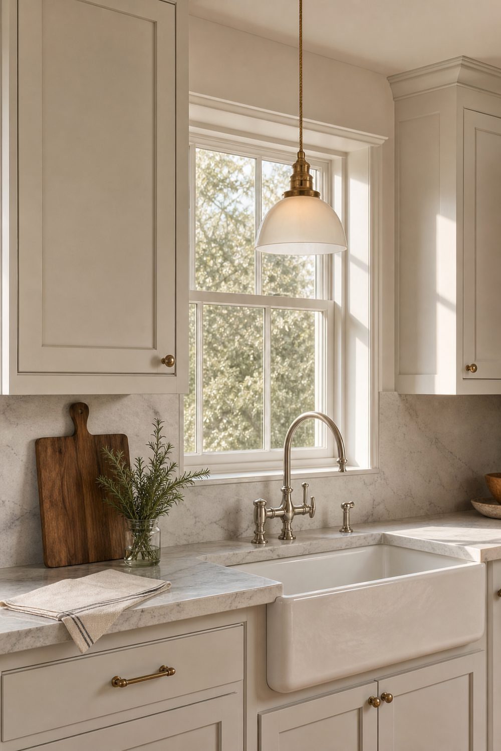 A white pendant light hangs above a farmhouse sink in a bright, neutral-toned kitchen.