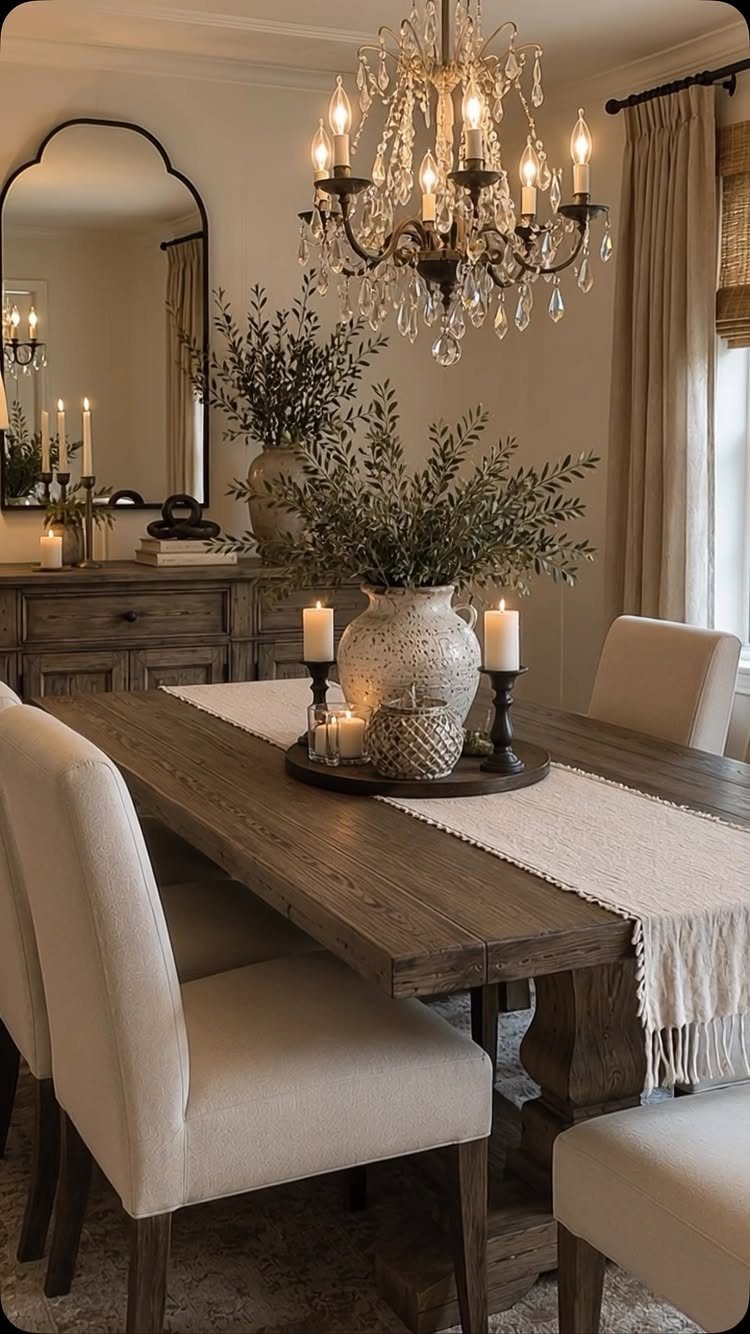 Crystal chandelier hanging over a rustic wooden dining table with cream upholstered chairs and greenery.