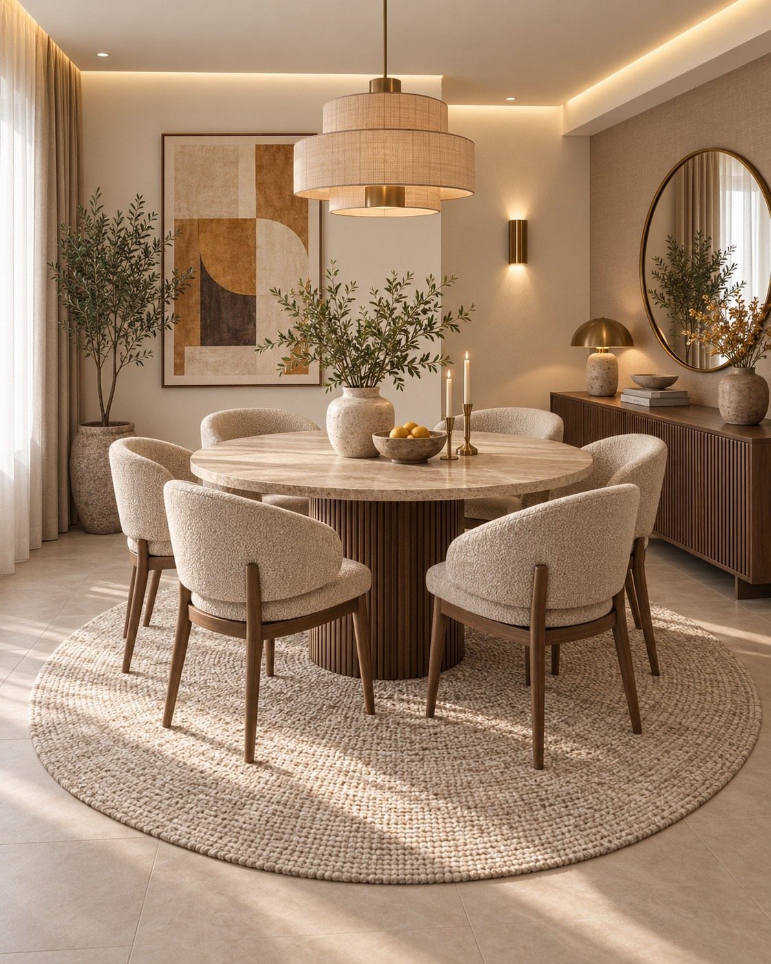 Round wooden dining table with upholstered chairs on a circular rug in a neutral room.