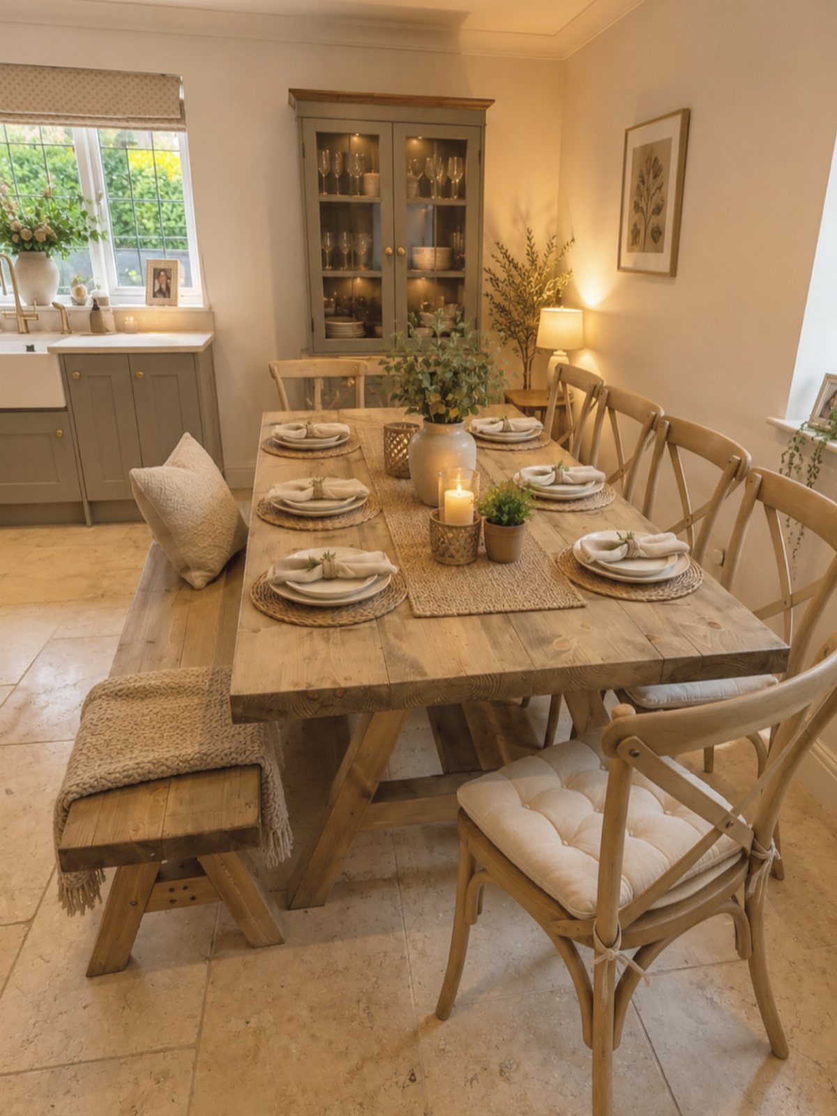 A rustic wooden dining table with matching chairs and a bench in a bright room.