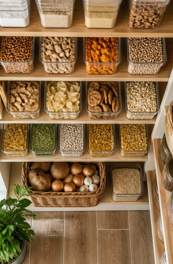 Clear bins organized in a pantry showing various food items.