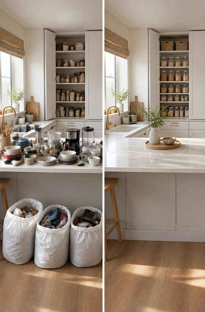 Three bags labeled for trash, donate, and sell placed in a kitchen.