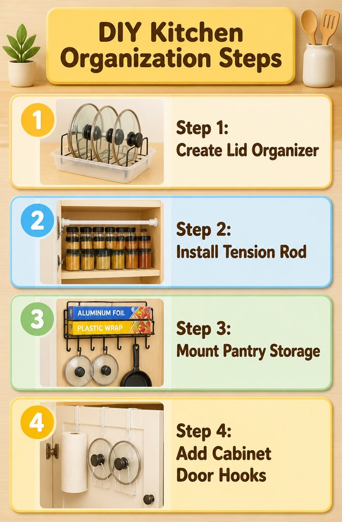 Instructions for DIY kitchen organization projects displayed.
