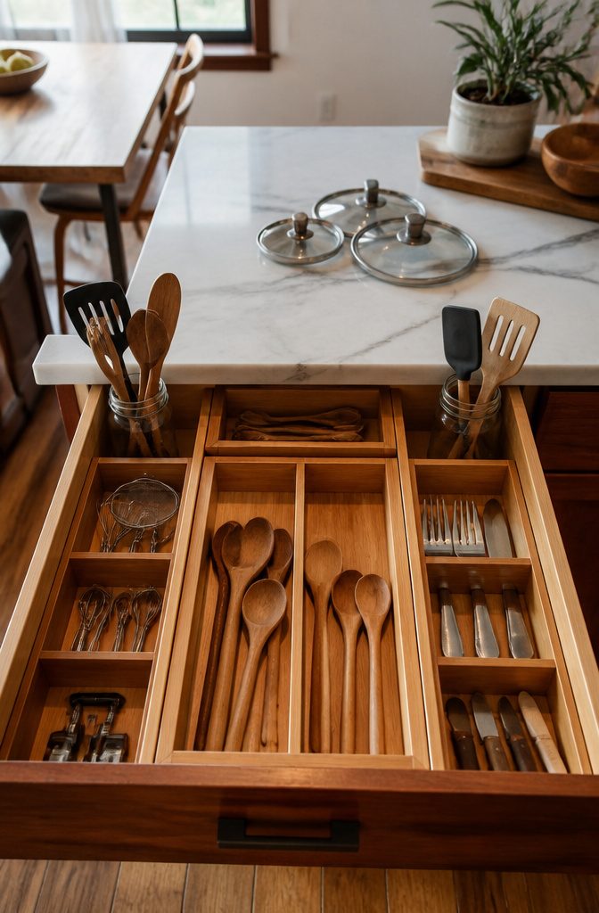 A kitchen drawer organized with bamboo dividers for utensils.