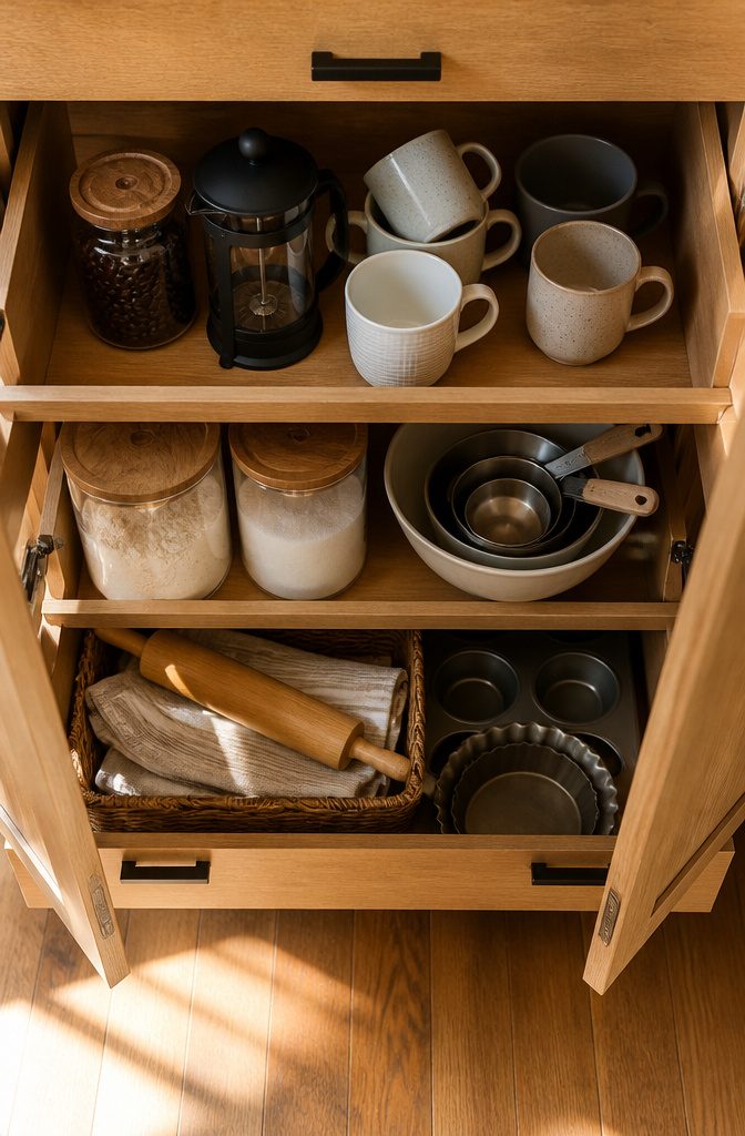 Kitchen items organized by task in designated areas.