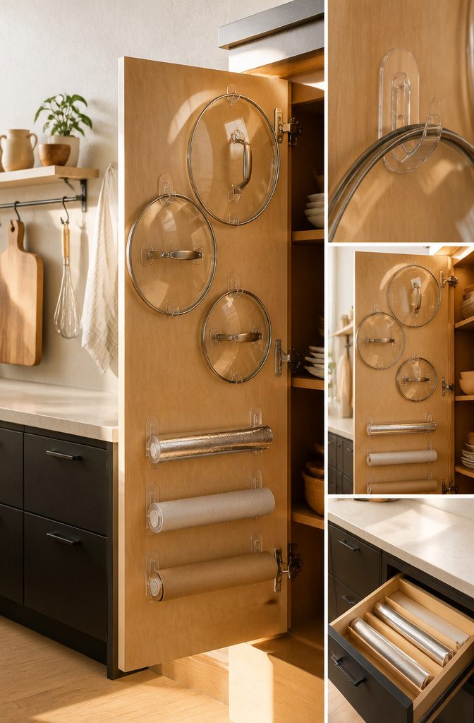 Command hooks on a cabinet door holding pot lids flat.