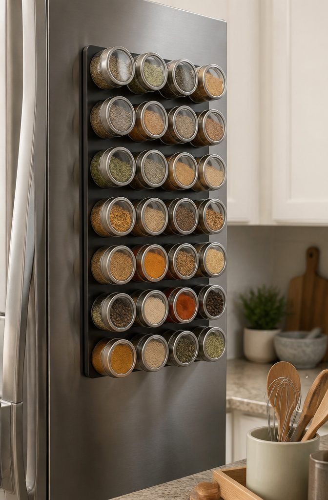 Magnetic spice jars attached to the side of a refrigerator.