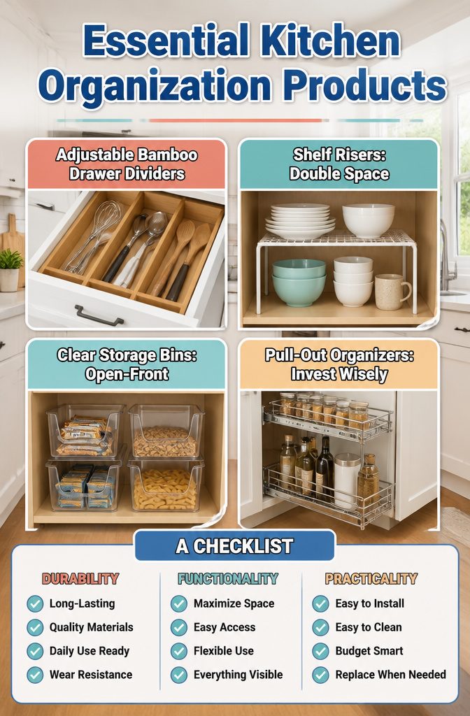 A selection of recommended kitchen organization products displayed.