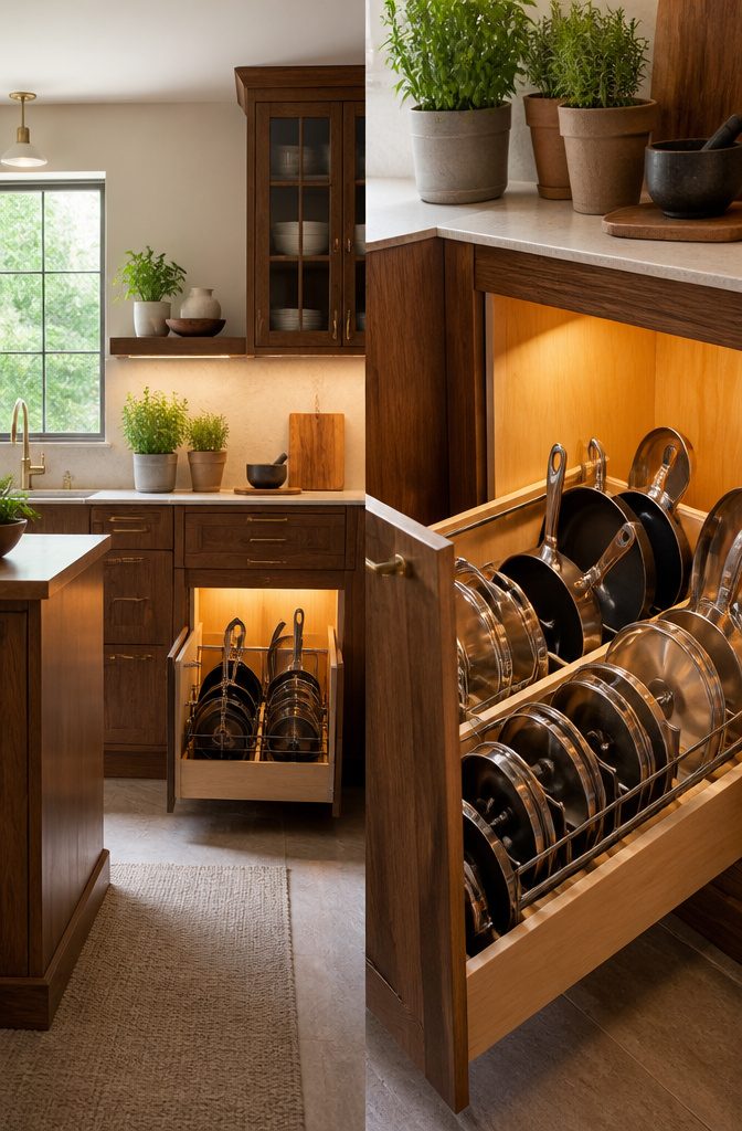A pull-out drawer in a kitchen cabinet displaying organized cookware.
