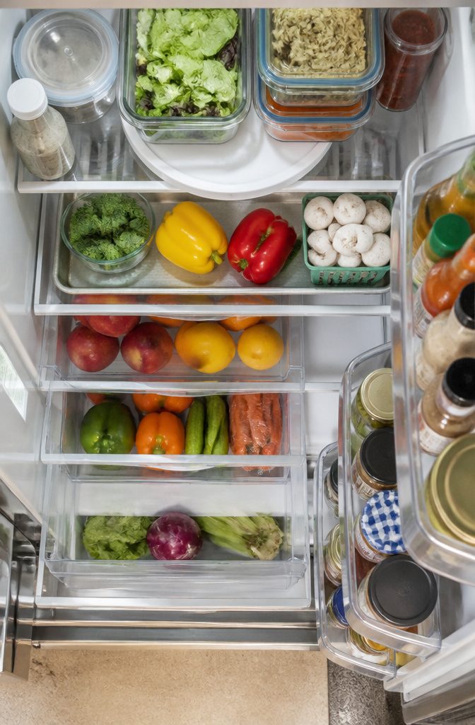 Bins arranged in a freezer holding various frozen foods.