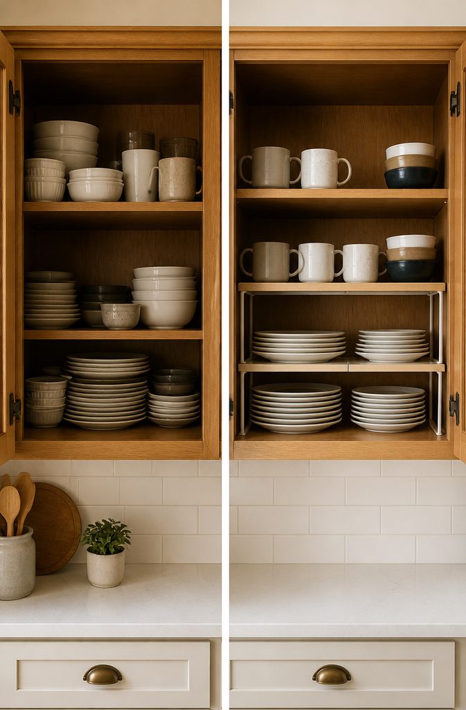 Stacking shelves installed in a kitchen cabinet holding dishware.