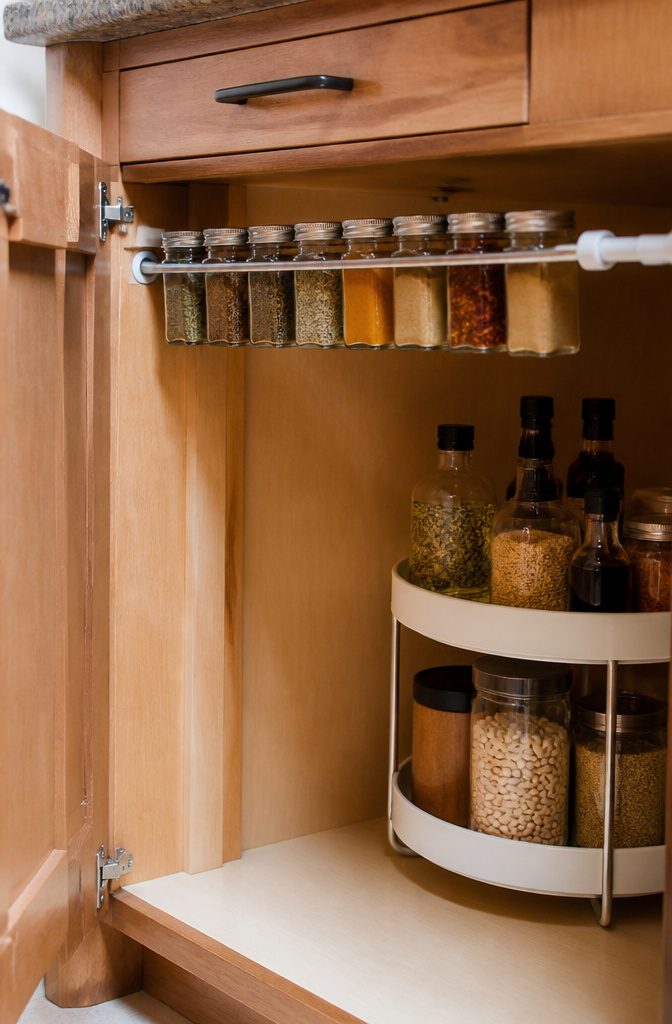Small spice jars organized on a tension rod inside a cabinet.