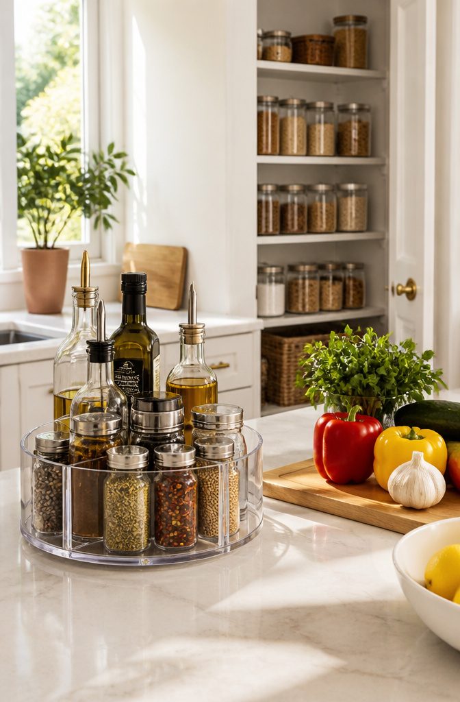 A clear acrylic turntable displaying condiments and spices on a countertop.