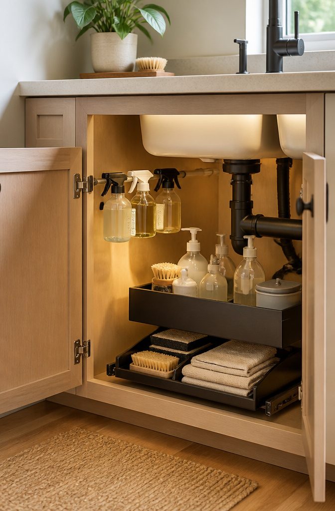 An organized under-sink area with a sliding organizer for cleaning supplies.