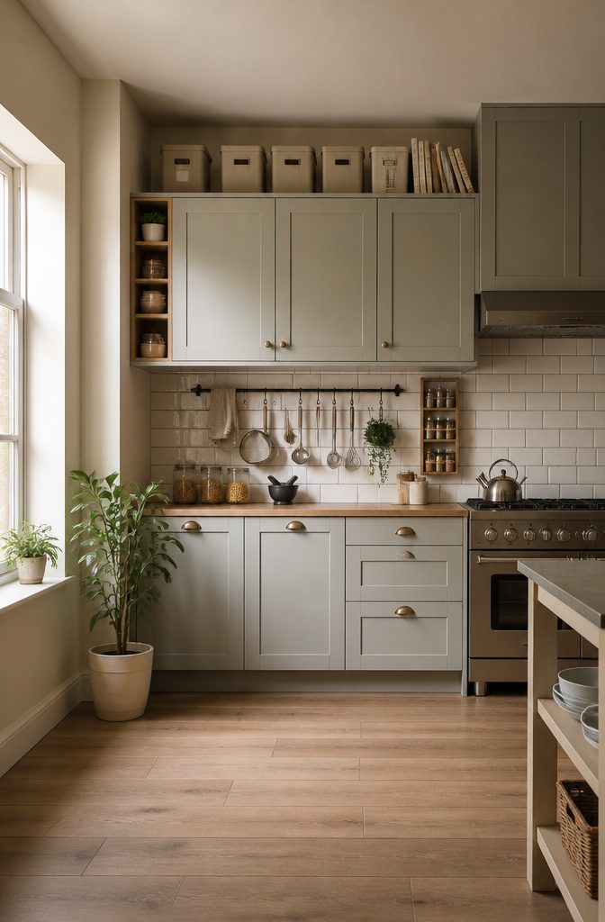 Bulky items stored on top of kitchen cabinets.