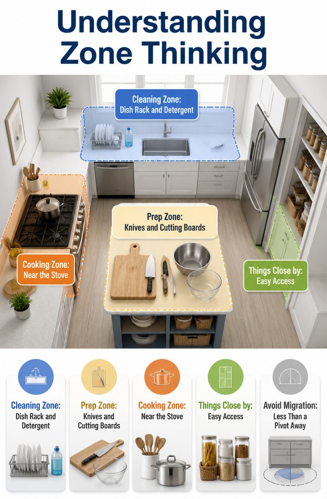 A visual guide illustrating zone thinking in kitchen organization.