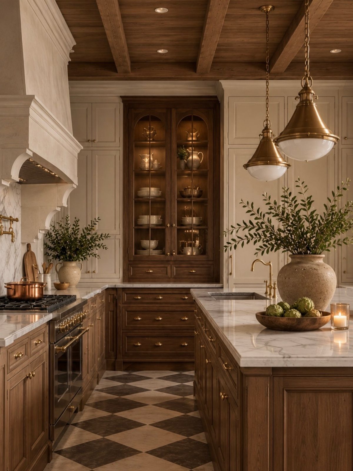 A high-end kitchen with dark wood cabinets, marble islands, and brass pendant lighting.