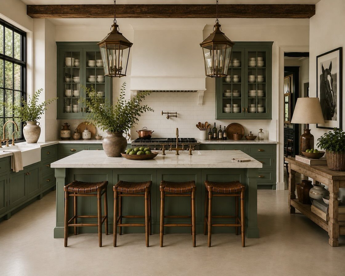 A luxury sage green kitchen with a marble island, leather stools, and brass pendant lights.