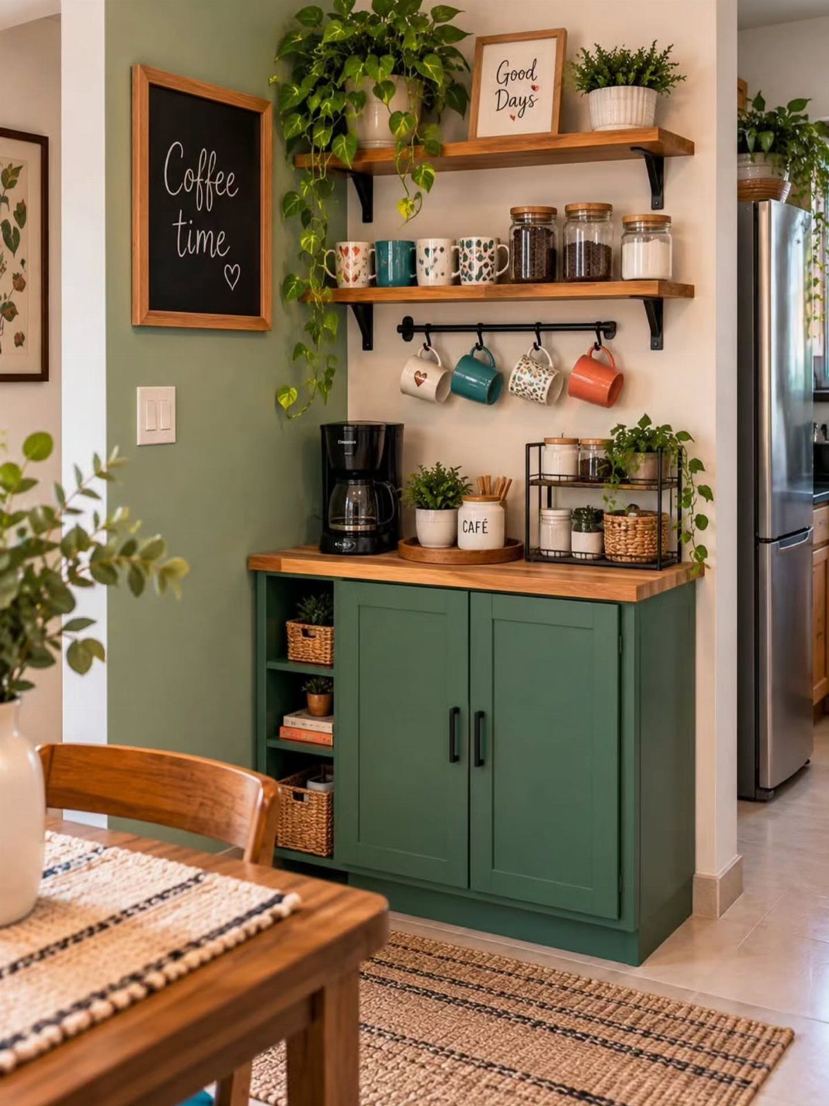 A green built-in coffee station with a wooden countertop, coffee maker, and hanging mugs.