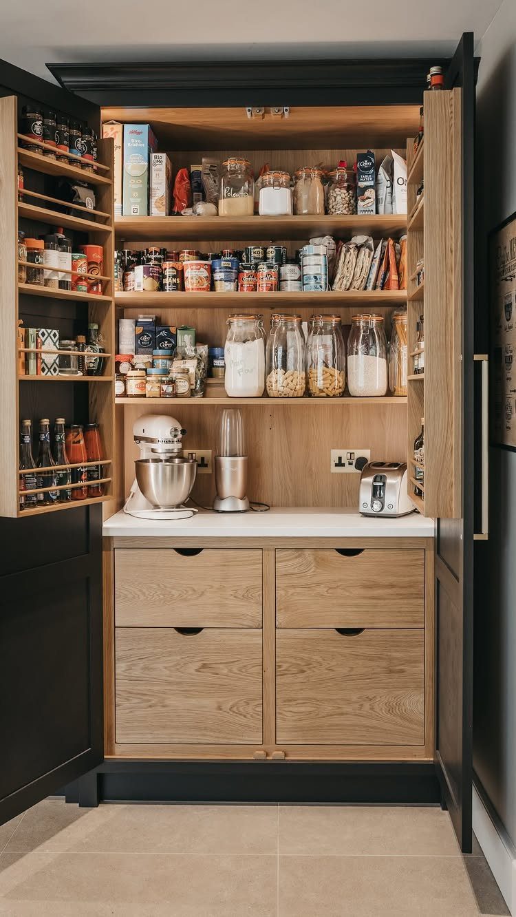 Open wooden built-in pantry cabinets filled with organized food items and small kitchen appliances.