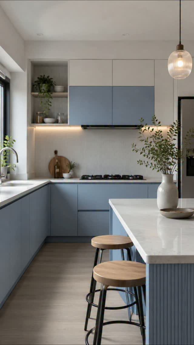 Modern kitchen with two-tone blue and grey cabinets, white countertops, and wooden bar stools.