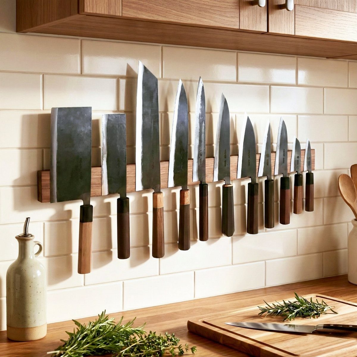 Various kitchen knives hanging from a wooden magnetic strip on a white tiled wall.