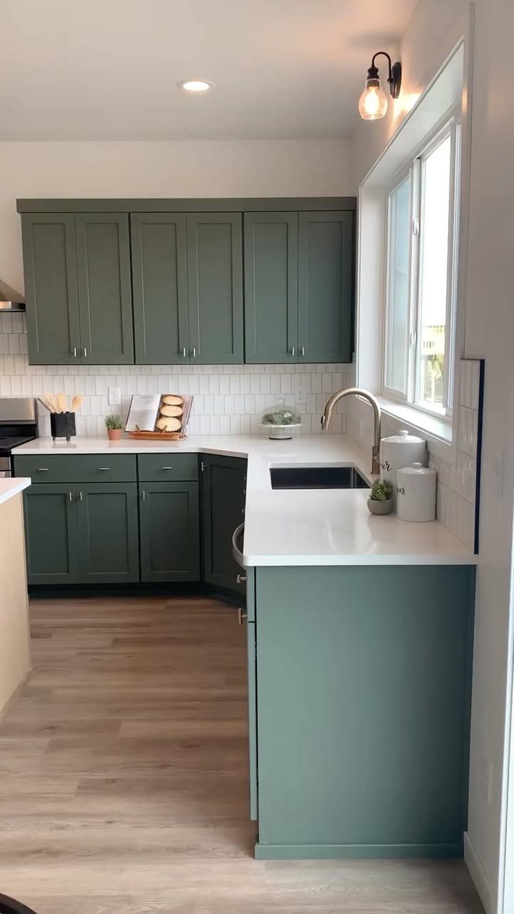 Sage green kitchen cabinets with white countertops and subway tile backsplash in a bright kitchen.