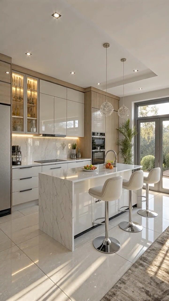 Modern kitchen with white upper cabinets, wood lower cabinets, and a large marble island with bar stools.