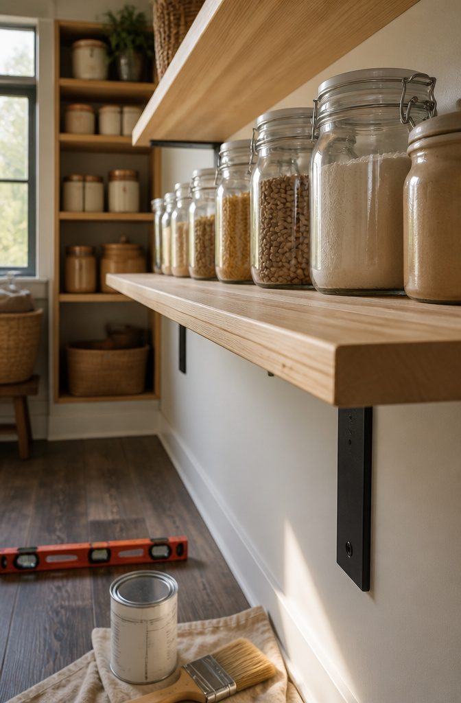 L-brackets mounted on a wall supporting pantry shelves.