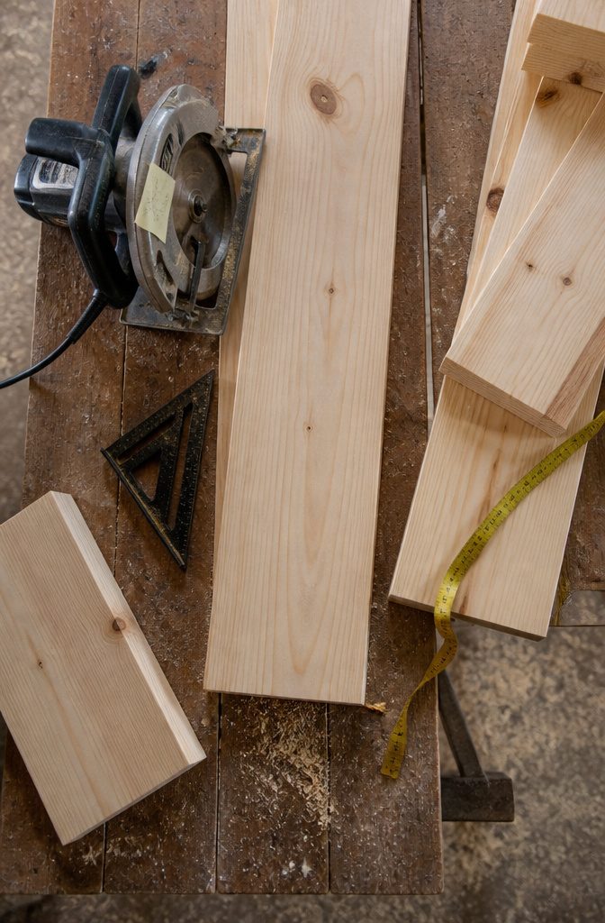 1x12 pine boards and 2x6 lumber laid out for cutting in a pantry.