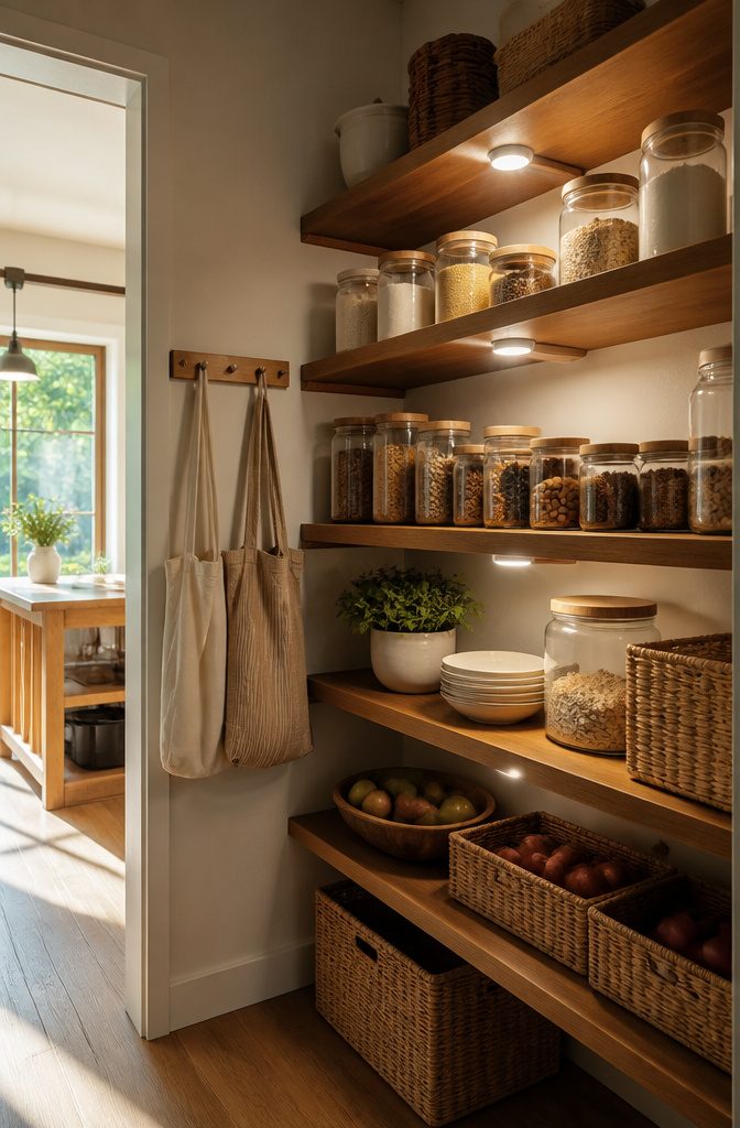 LED puck lights mounted under shelves in a brightly lit pantry.