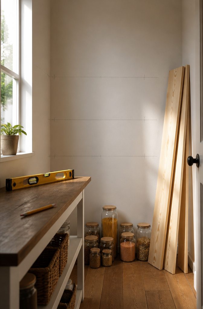 A level and pencil marks on a wall with organized pantry items below.