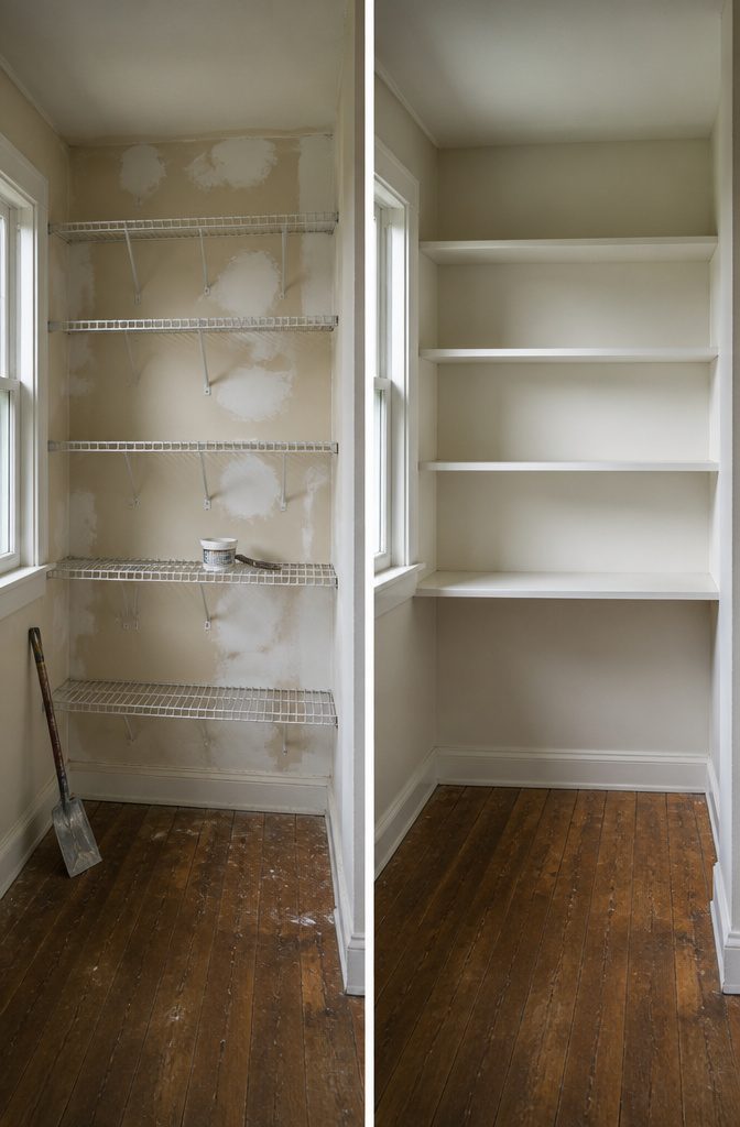 A wall with patched holes where old wire shelves were removed.