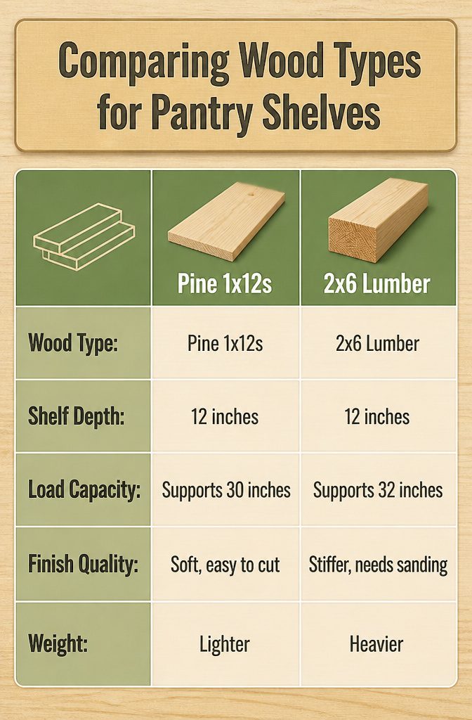 A comparison of wood types and their dimensions for pantry shelves.