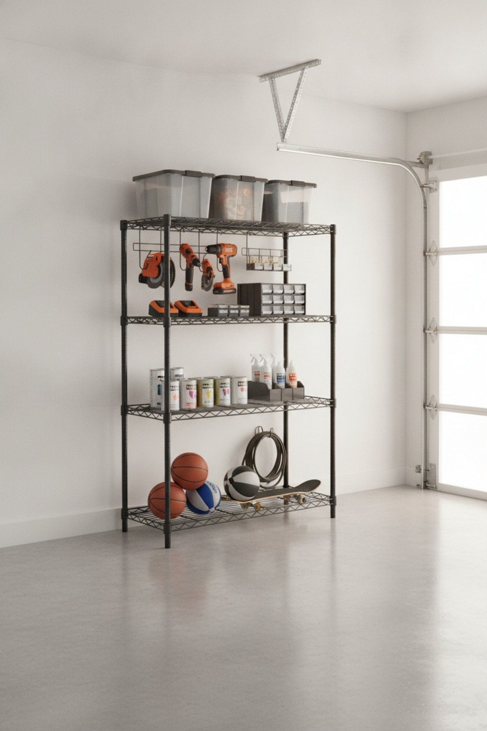 A black metal freestanding shelving unit filled with various garage storage items and tools.