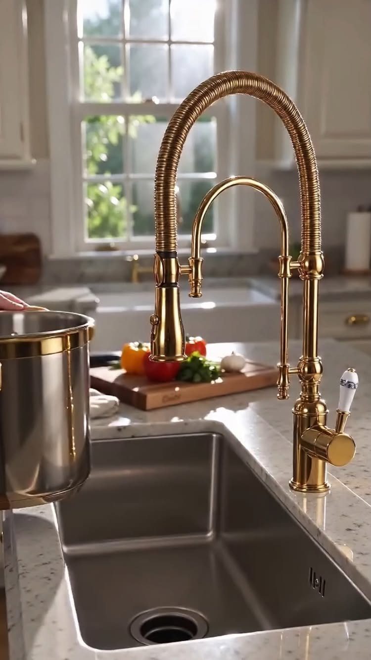 A gold professional spring-neck kitchen faucet installed over a stainless steel sink in a bright kitchen.