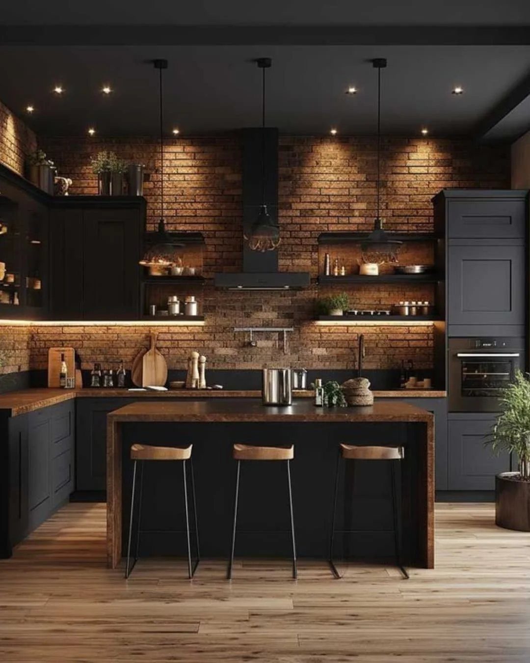 Modern dark kitchen with exposed brick walls, wooden countertops, and a large central island.