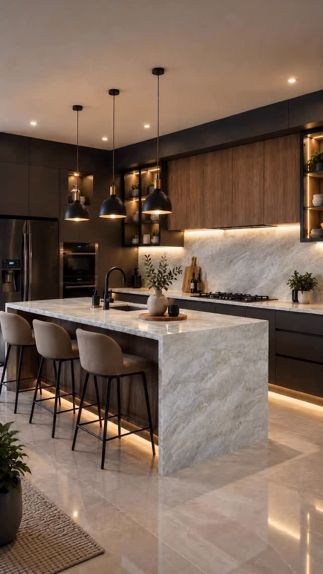 Modern kitchen with a large marble waterfall island, dark cabinetry, and black pendant lights.