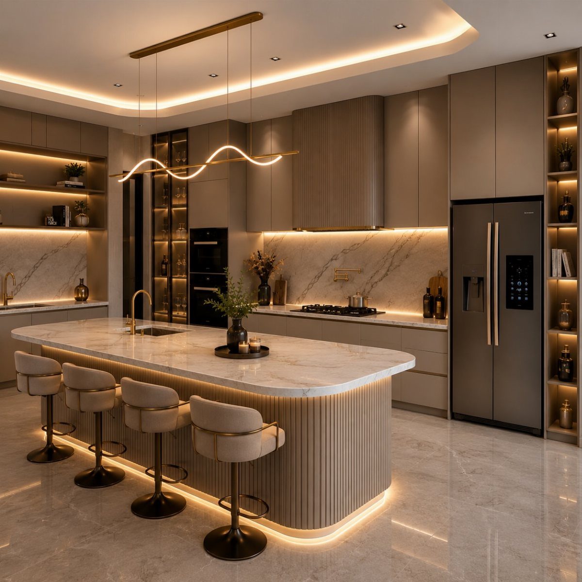 Modern kitchen with warm LED strip lighting under cabinets, along the ceiling cove, and the island base.