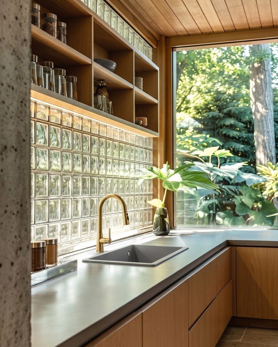 Glass block backsplash behind a kitchen sink with wooden cabinets and a view of green trees.