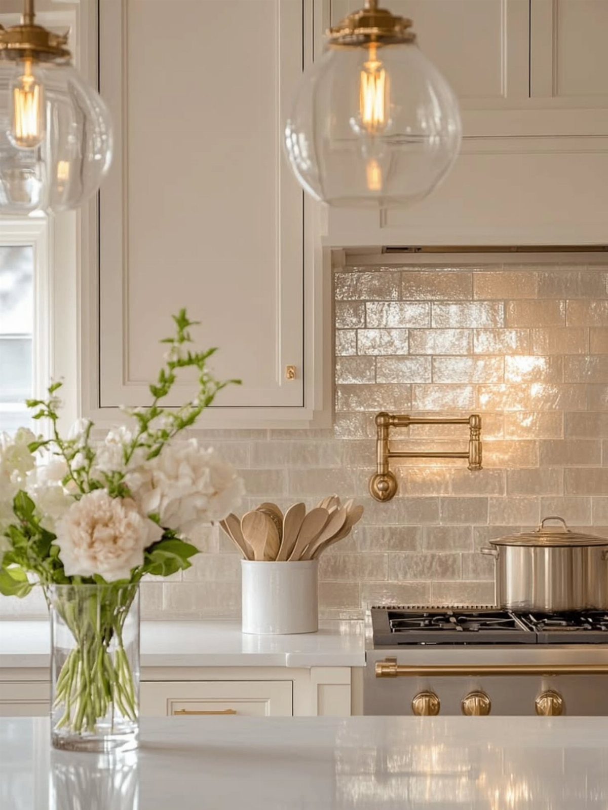 Glossy subway tiles installed as a kitchen backsplash behind a stove with gold accents.