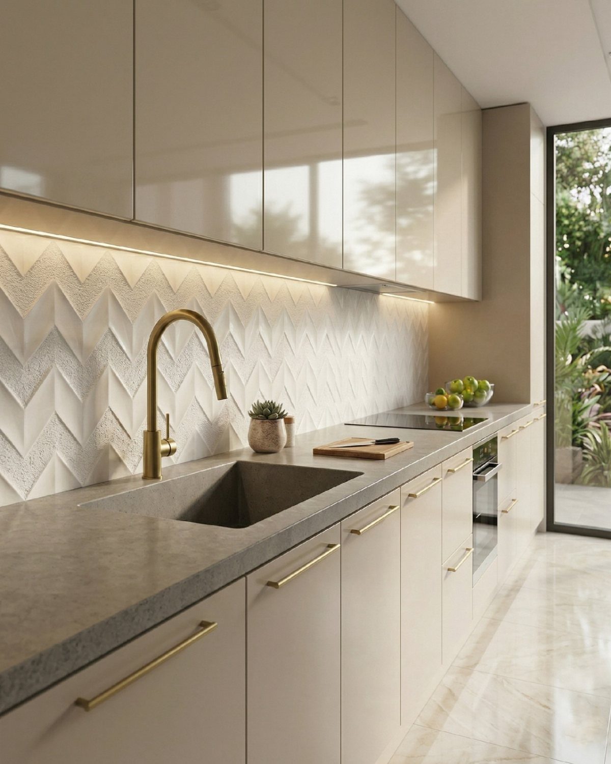 White textured chevron pattern backsplash in a modern kitchen with beige cabinets and gold hardware.